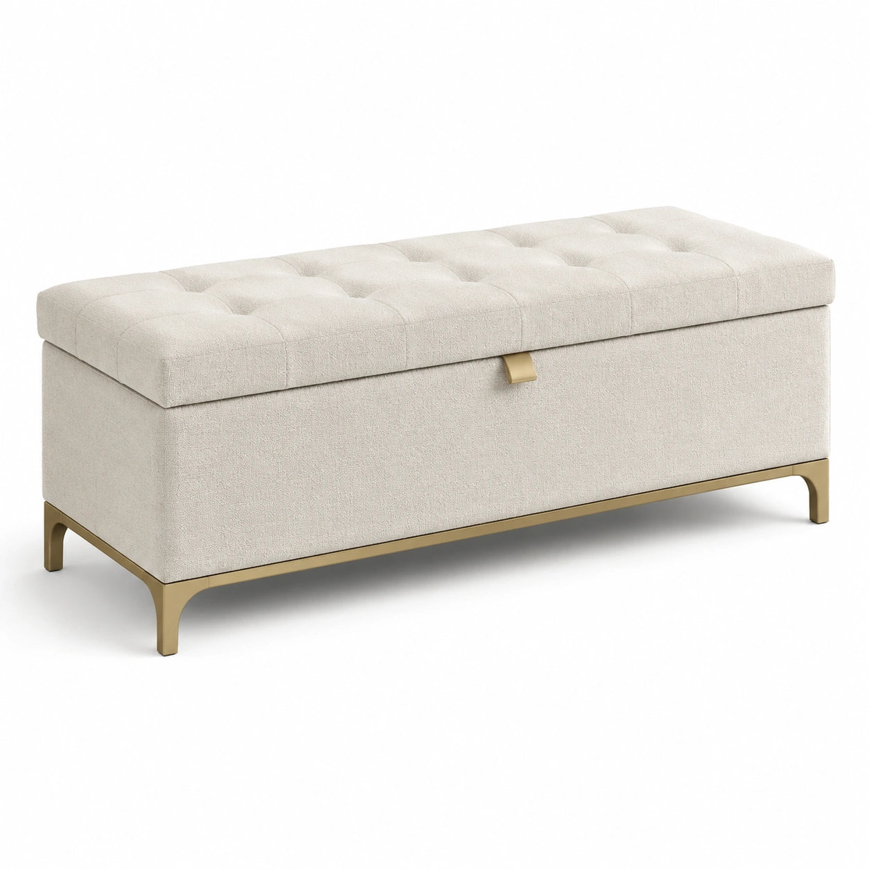 Rechteckige Aufbewahrungsbank aus Stoff und Metall, beige, 120x45x50cm