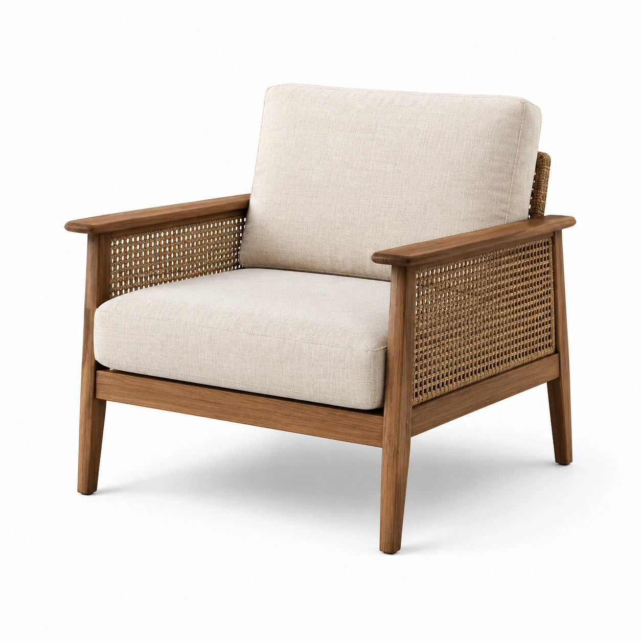 Holz- und Rattansessel mit Beige Polsterung