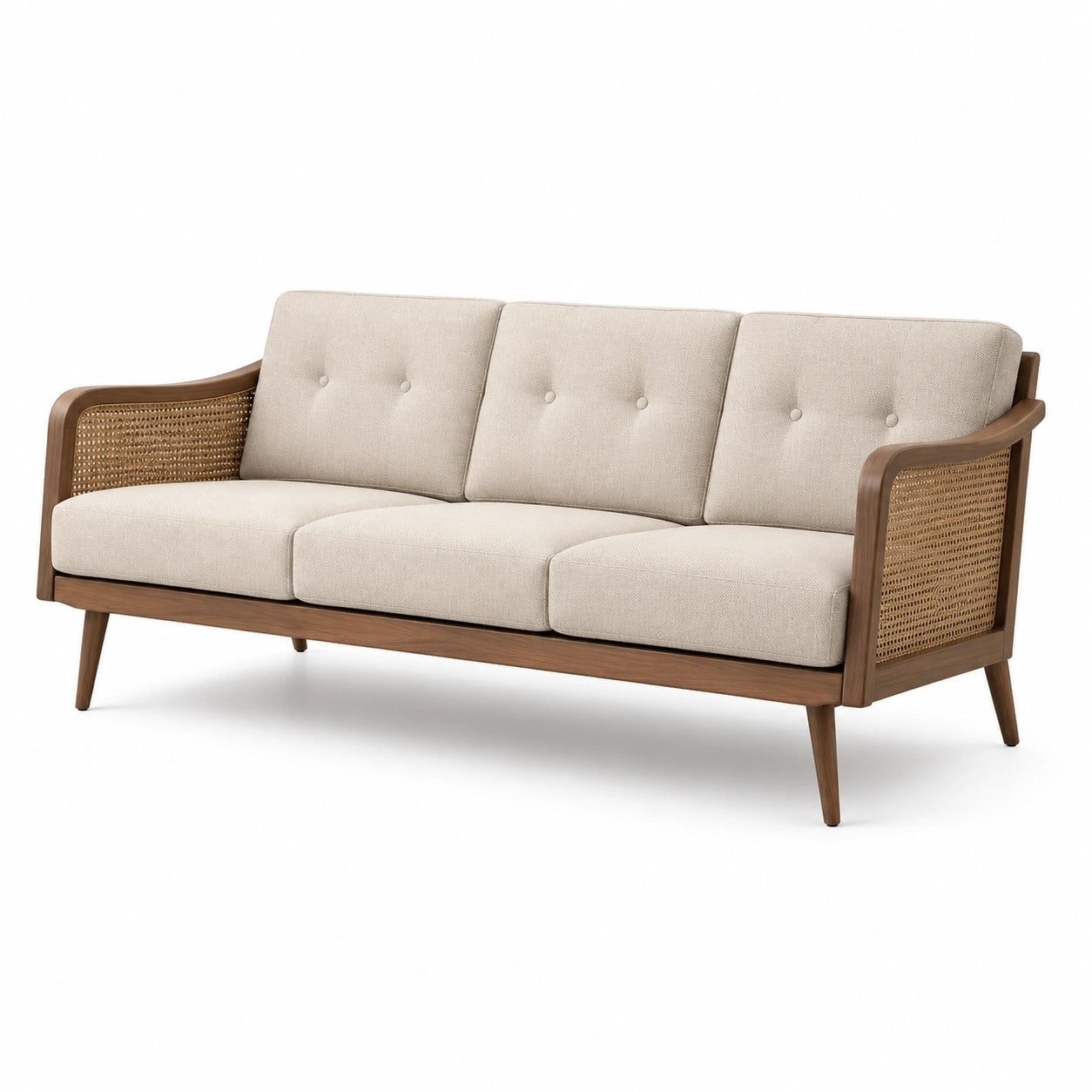 3-Sitzer Sofa Leinenpolsterung mit Walnussholzrahmen und Rattan-Geflecht