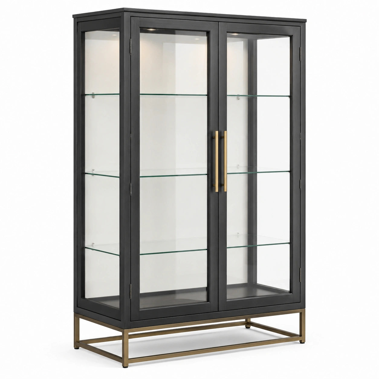 Vitrine aus gehärtetem Glas und Metall, schwarz/messing