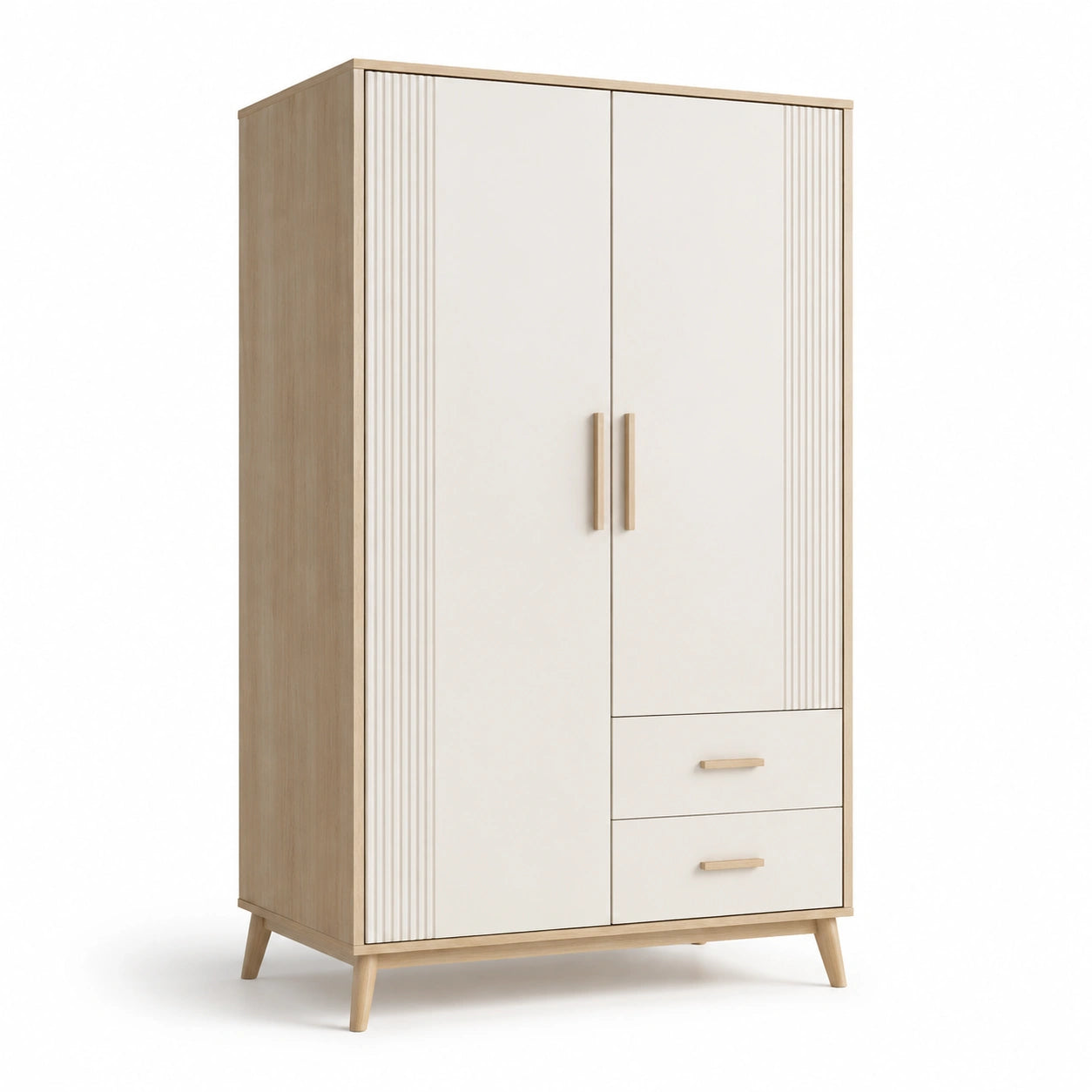 Kleiderschrank aus Buchenholz und MDF mit 2 Türen und 2 Schubladen in Weiß