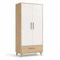 Kleiderschrank mit 2 Türen und Schublade in Spanplatte Weiß/Naturholz 200x80x50cm