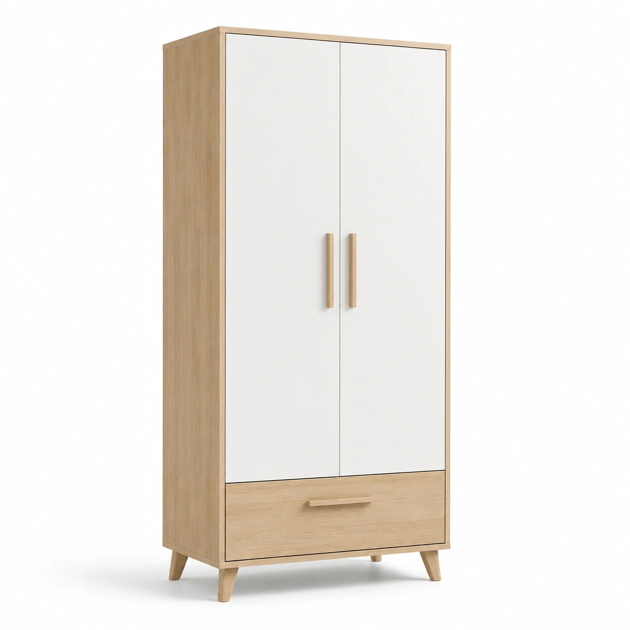 Kleiderschrank mit 2 Türen und Schublade in Spanplatte Weiß/Naturholz 200x80x50cm
