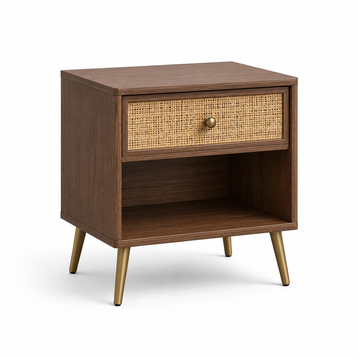 Nachttisch aus MDF mit Rattangeflecht und Metallbeinen, Braun