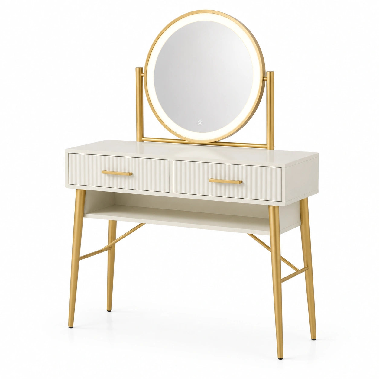 Schminktisch mit LED-Spiegel rund MDF Metall creme/gold