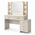 Schminktisch mit Spiegel und LED-Beleuchtung aus MDF und Kiefernholz in Creme