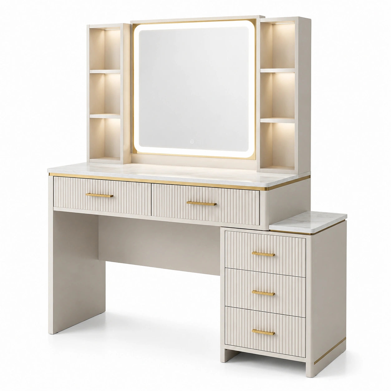Schminktisch mit Spiegel und LED-Beleuchtung aus MDF und Kiefernholz in Creme